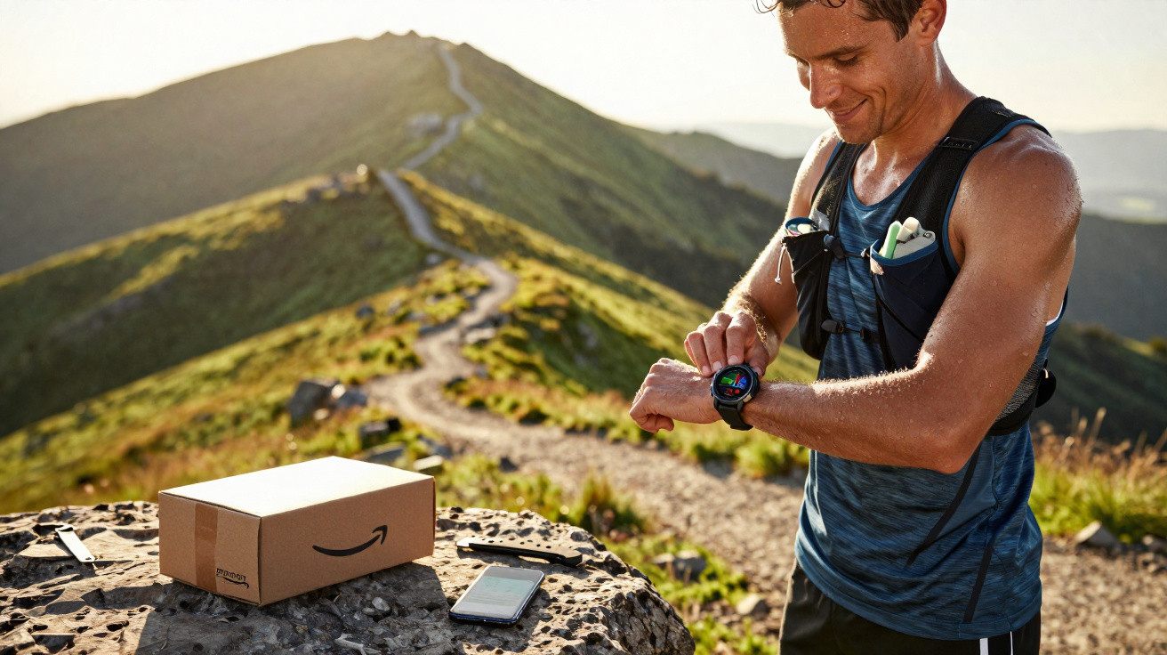 Homem sorrindo verifica relógio esportivo em trilha na montanha, perto de caixa da Amazon e celular sobre pedra.