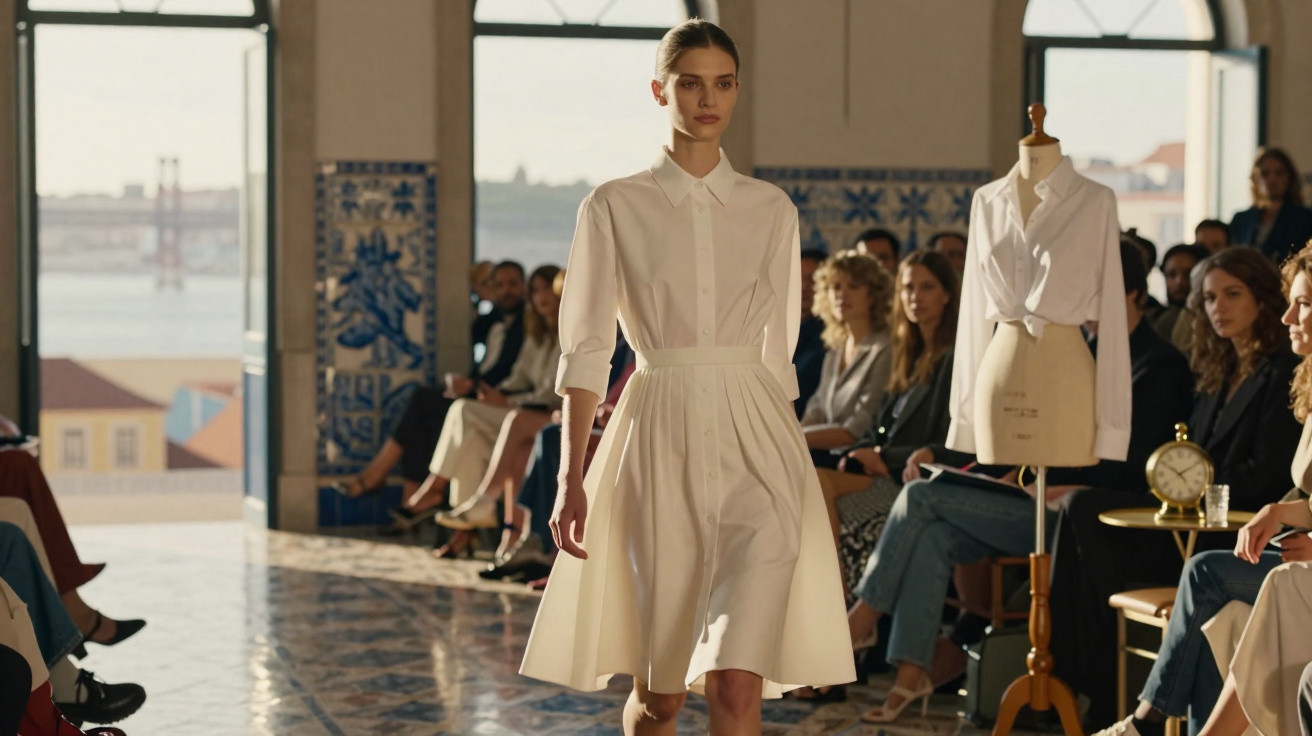 Modelo feminina desfila vestido branco de manga 3/4 em passarela com público em ambiente interno iluminado.