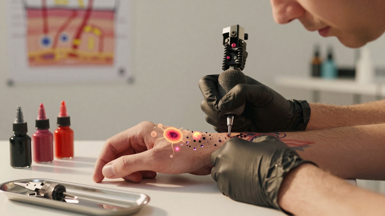 Tatuador usando luvas pretas faz tatuagem colorida com efeito digital na mão de cliente in vitro.
