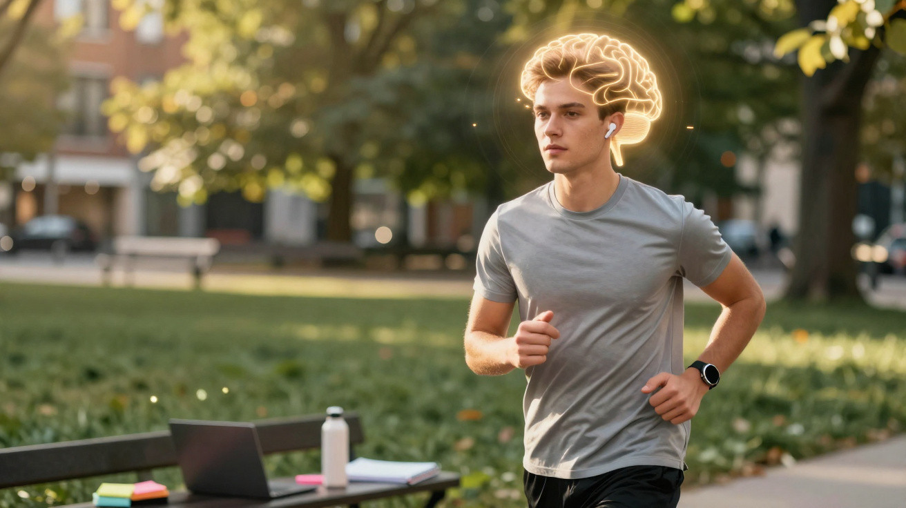 Jovem correndo em parque com fones de ouvido e cérebro iluminado representando atividade mental.