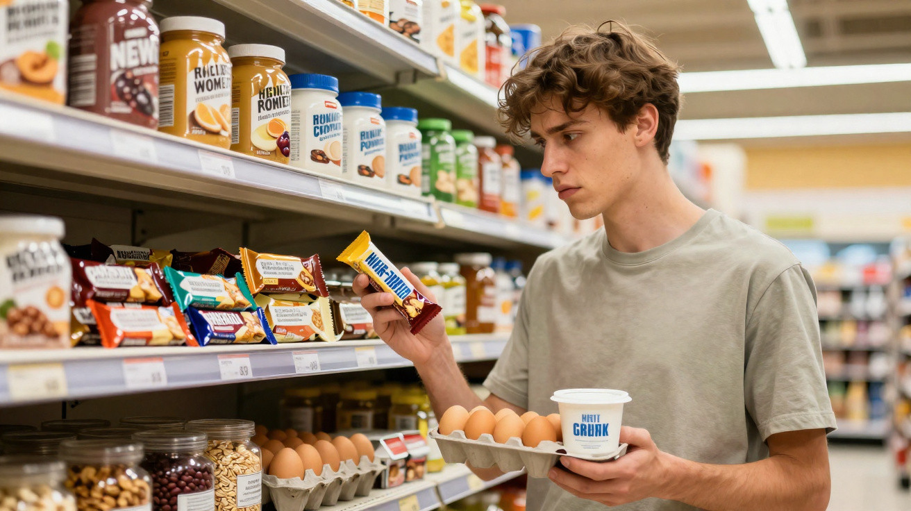 Jovem em supermercado segurando ovos e iogurte enquanto lê rótulo de barra de cereal.