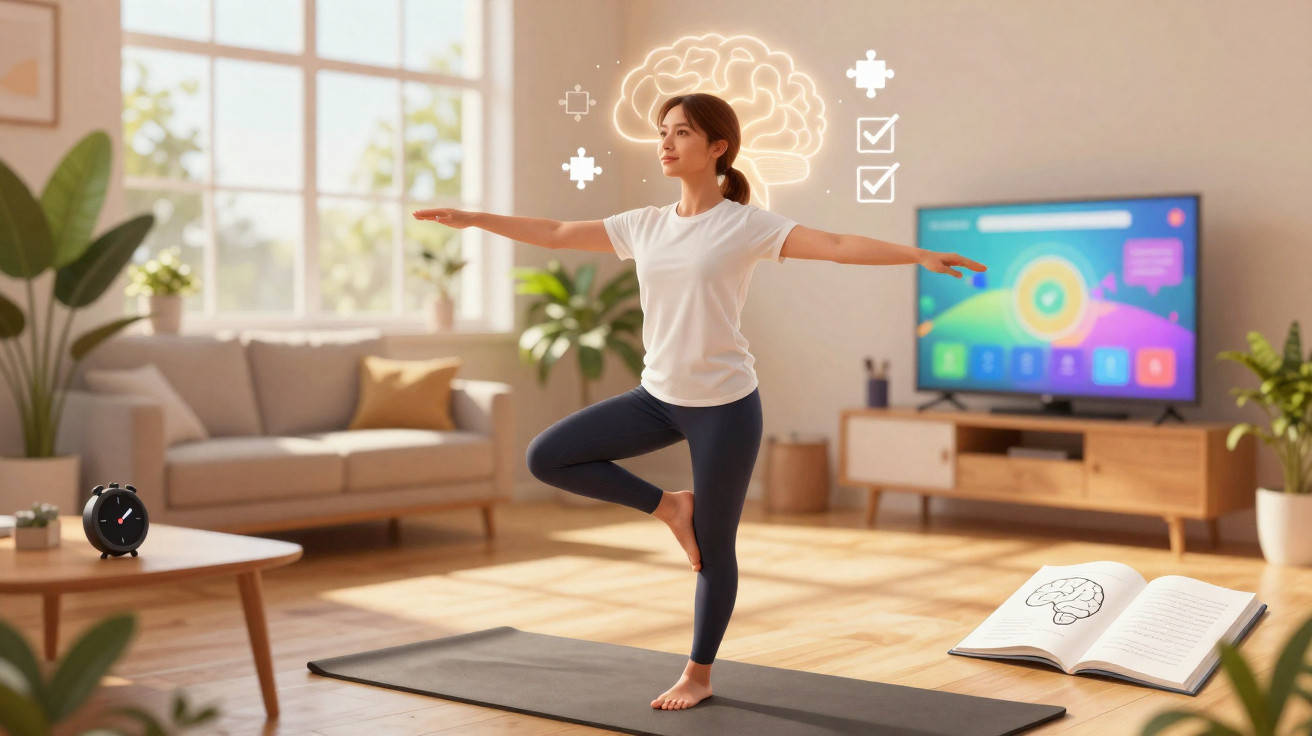 Mulher praticando yoga em sala iluminada, com ilustração de cérebro e ícones de saúde mental.