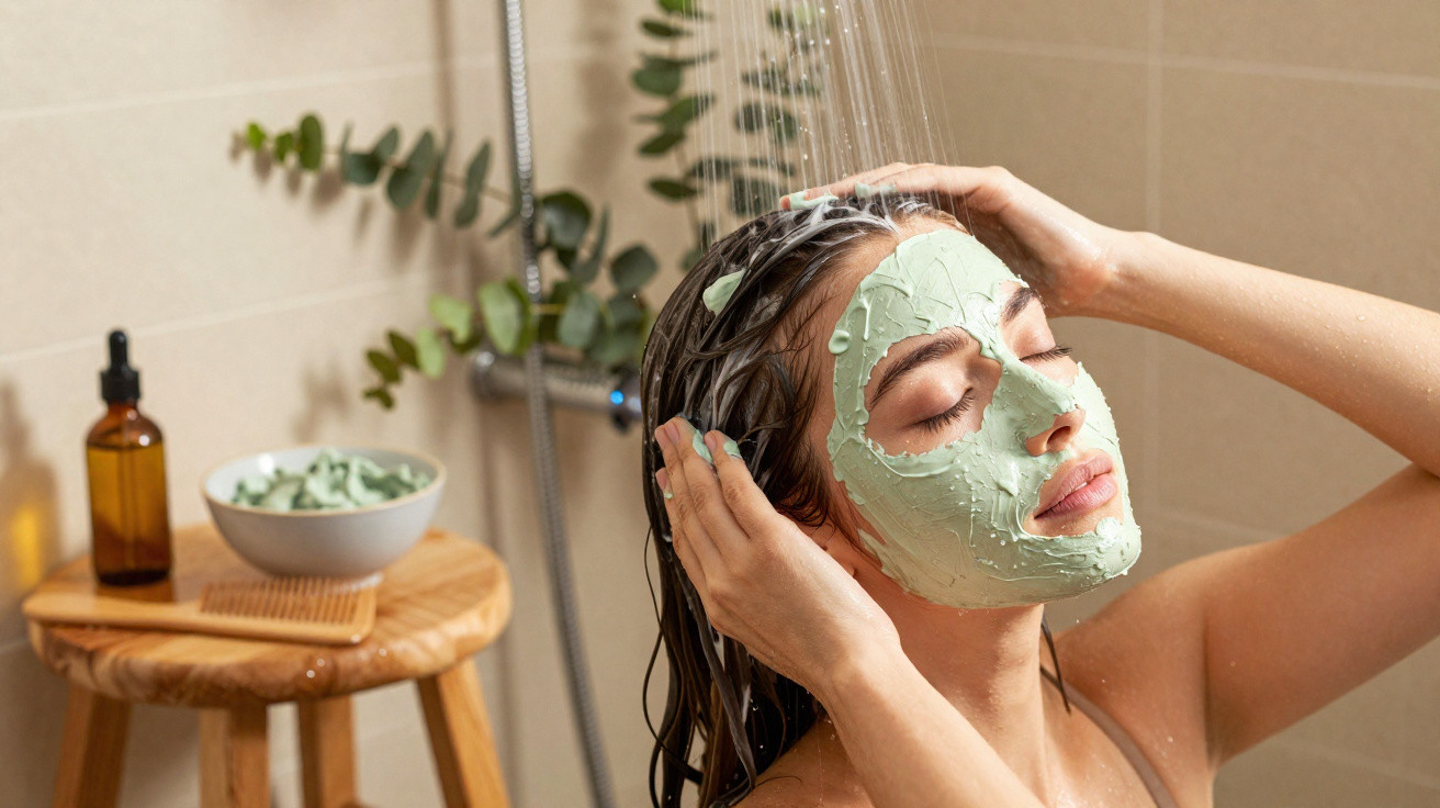 Mulher com máscara facial verde lavando o cabelo no chuveiro, ao lado de banco com produtos naturais.