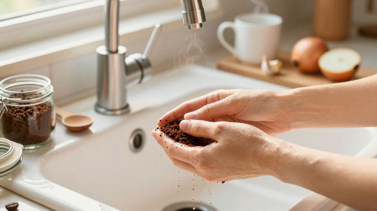 Mãos segurando borra de café sobre pia com torneira e jarra de vidro ao fundo.