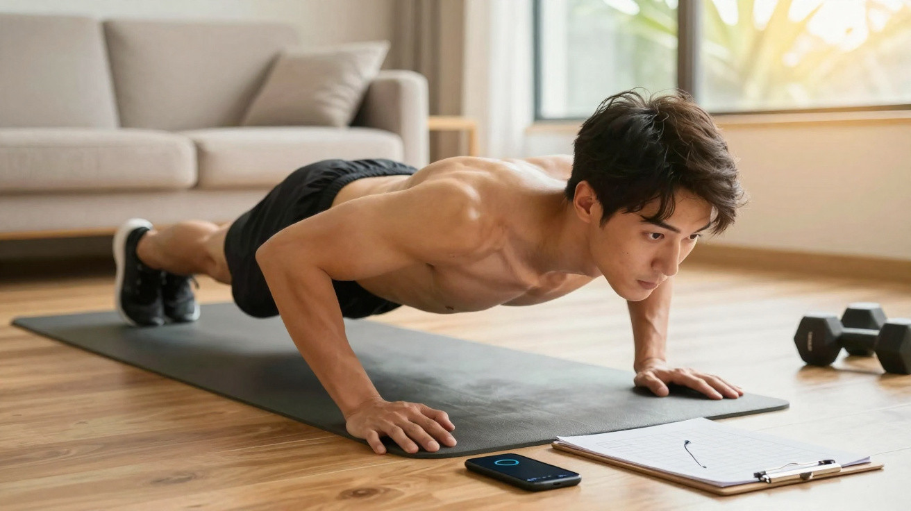 Homem fazendo flexão de braço em tapete de exercícios em sala iluminada, com celular e halteres ao lado.
