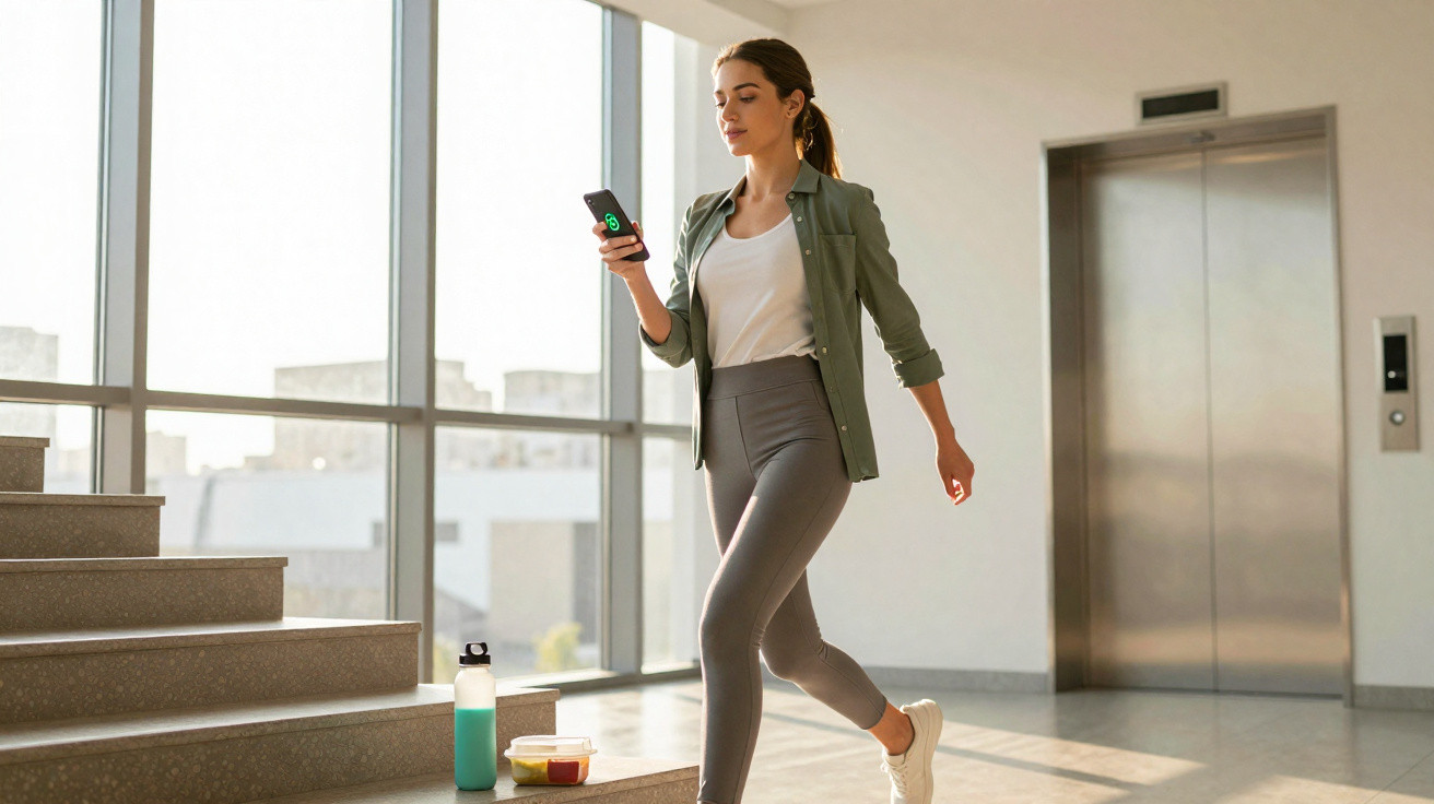 Mulher caminhando em prédio moderno, olhando para celular, roupas casuais, perto de escadas e elevador.
