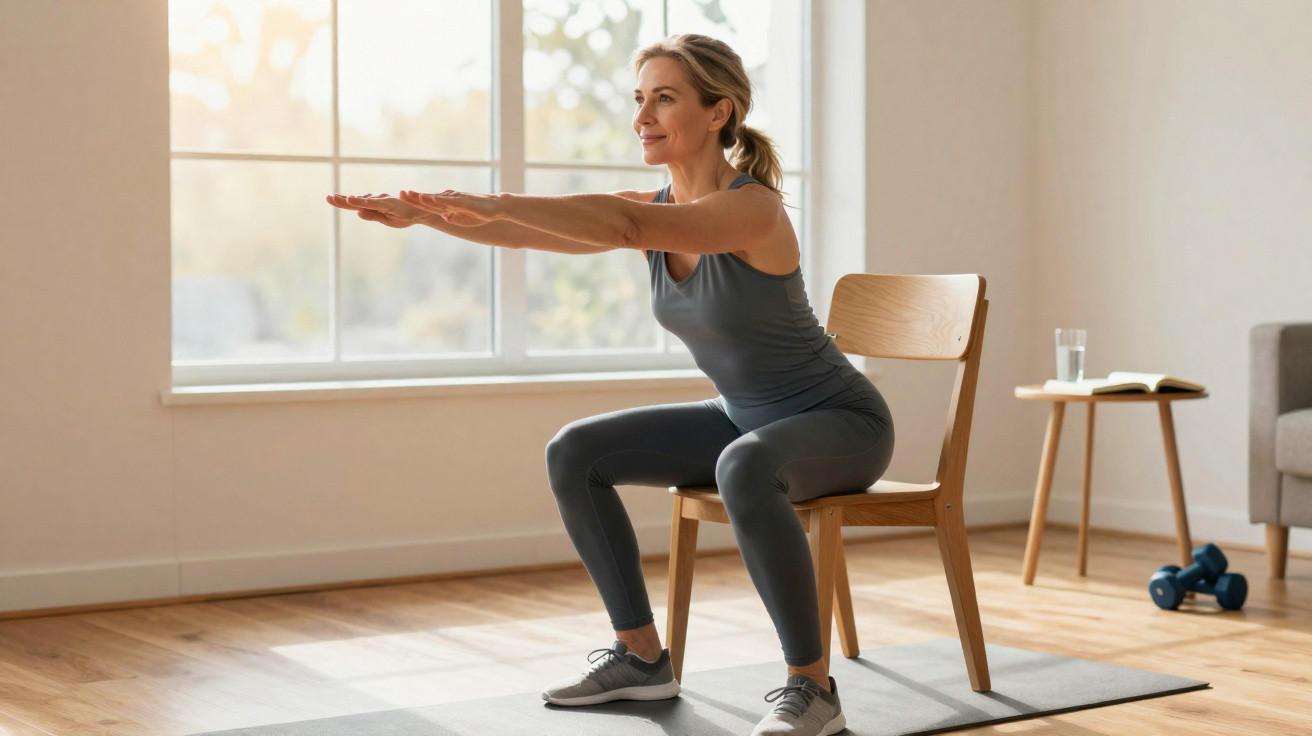 Mulher fazendo exercício de agachamento sentada em cadeira em ambiente iluminado e confortável.