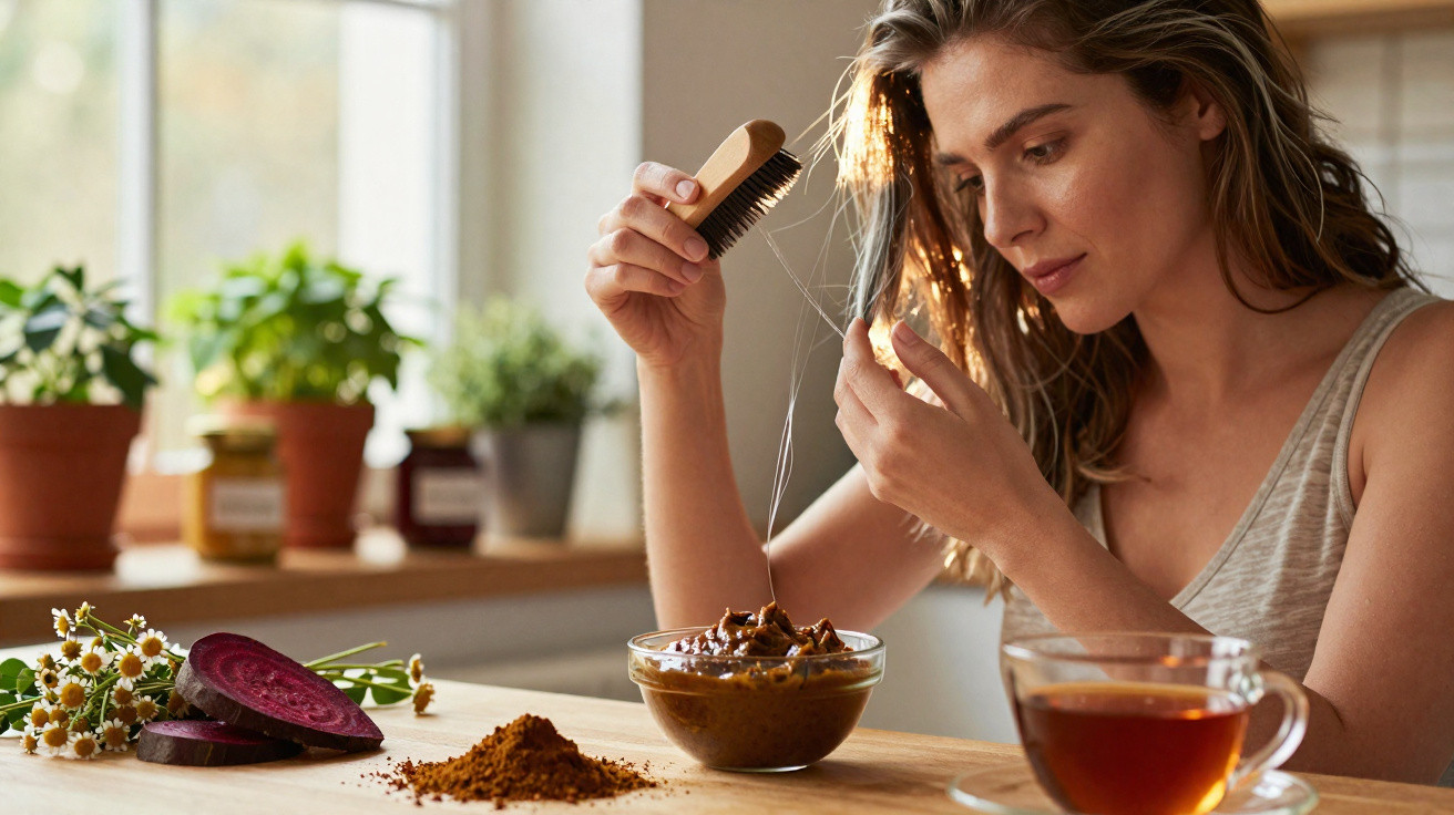 Mulher inspeciona fio de cabelo quebrado enquanto segura escova, com ingredientes naturais e chá ao fundo.