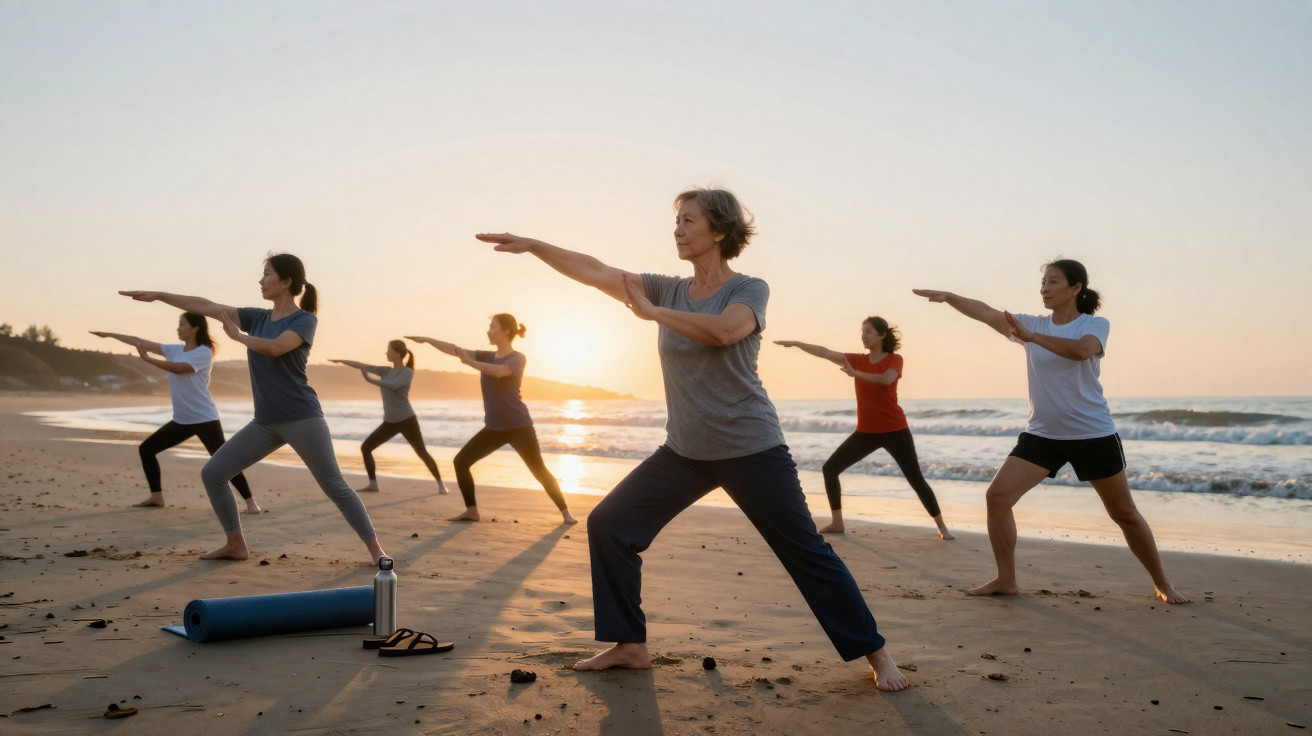 Grupo de mulheres praticando yoga na praia ao pôr do sol, com oceanos ao fundo.