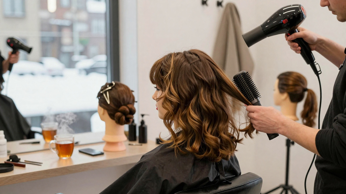 Pessoa secando o cabelo ondulado castanho de outra em salão de beleza moderno.