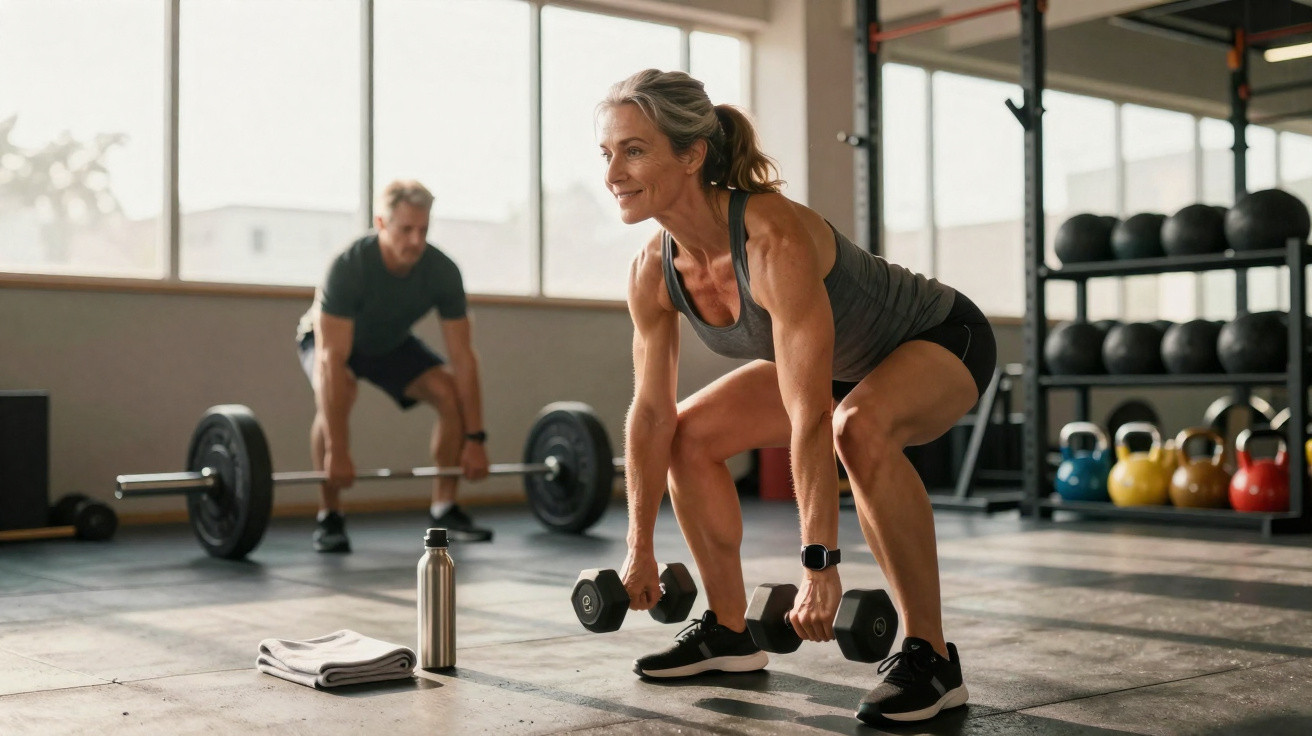 Mulher sorridente fazendo agachamento com halteres em academia, homem ao fundo levantando barra.