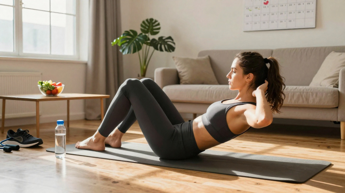 Mulher fazendo abdominal em tapete de yoga em sala iluminada com planta e sofá ao fundo.