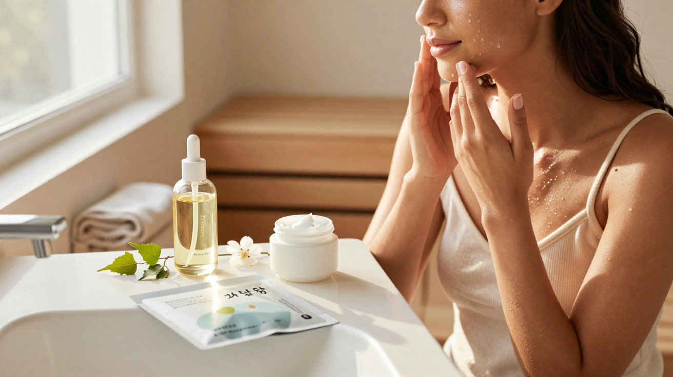 Mulher aplicando creme no rosto sentada perto da pia com produtos de skincare ao lado em ambiente iluminado.