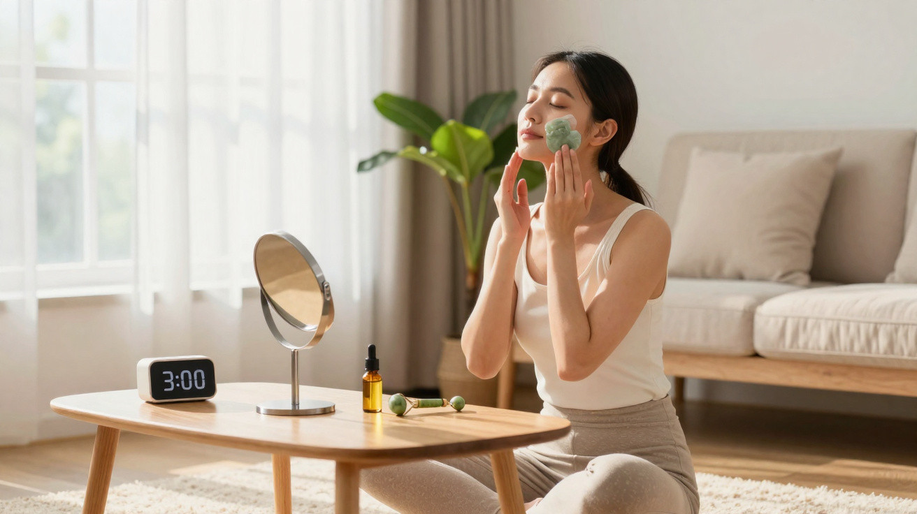 Mulher aplicando grava massageador facial em ambiente claro e confortável, ao lado de espelho e produtos de skincare.