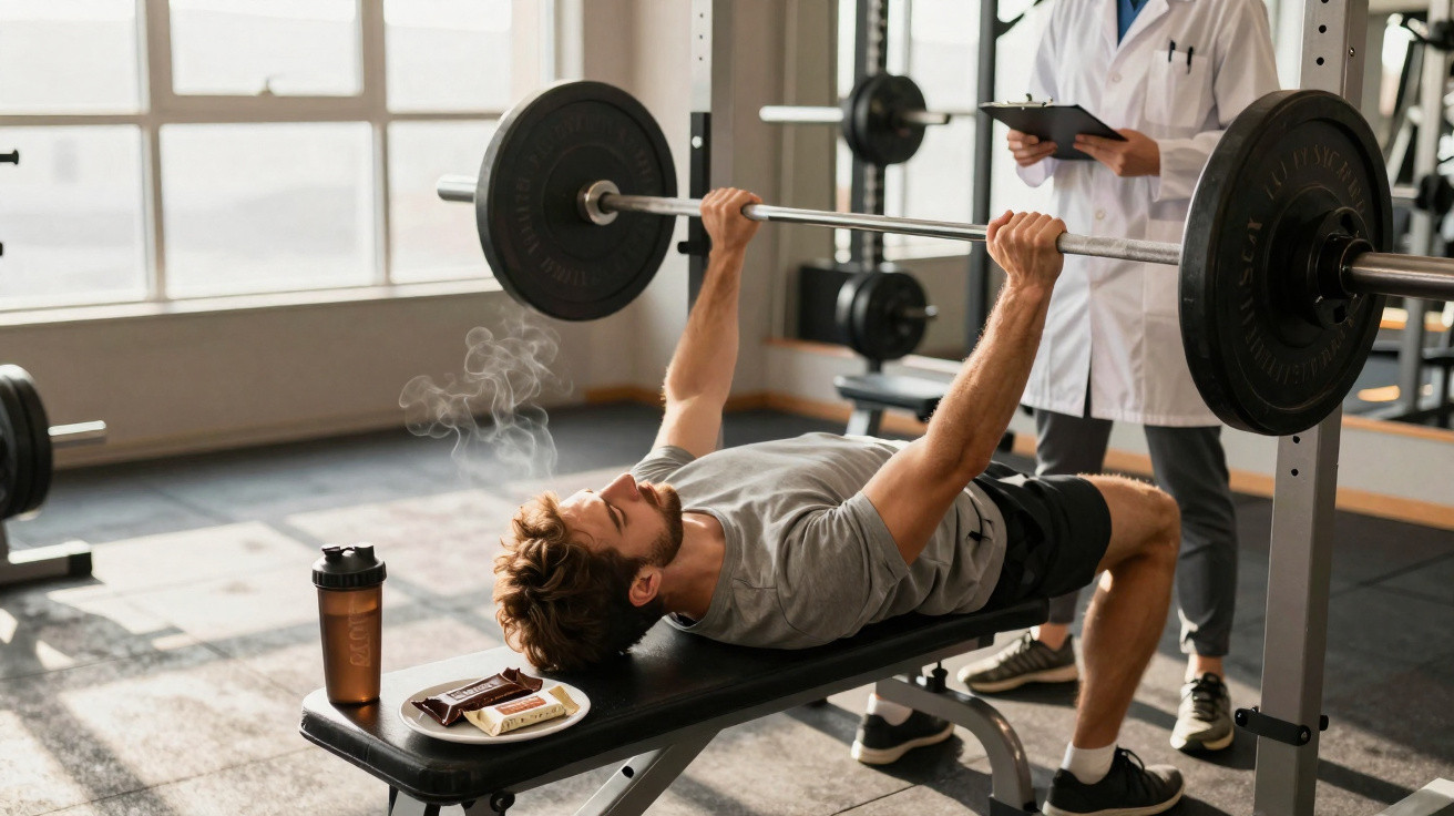 Homem levantando barra em academia com nutricionista ao lado e lanche junto ao banco de treino.
