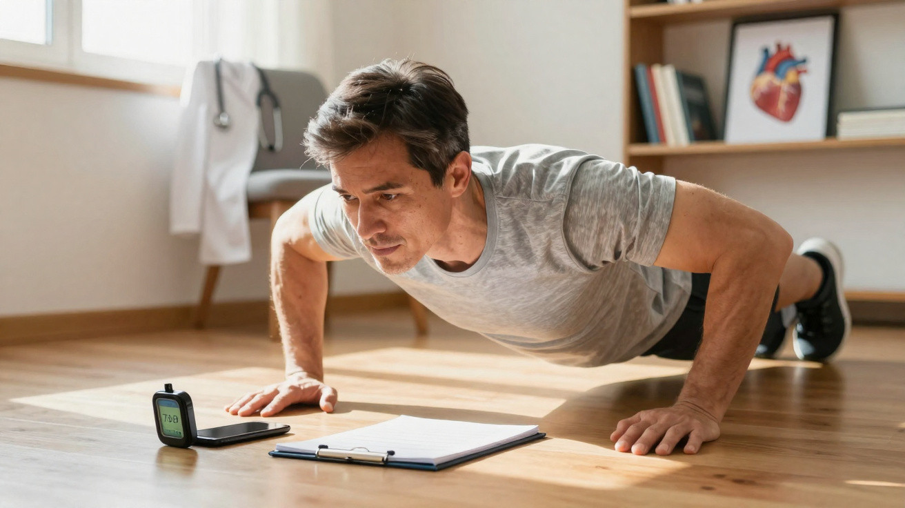 Homem fazendo flexões no chão de casa, com aplicativo de treino e anotações à frente.
