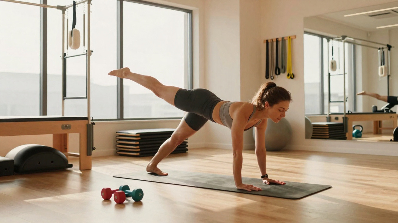Mulher fazendo exercício de alongamento em estúdio de pilates com halteres no chão.
