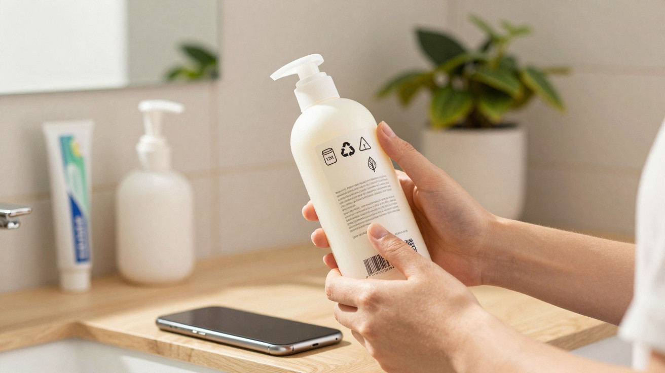 Pessoa segurando frasco branco com válvula pump em bancada de banheiro, com celular, saboneteira e planta ao fundo.