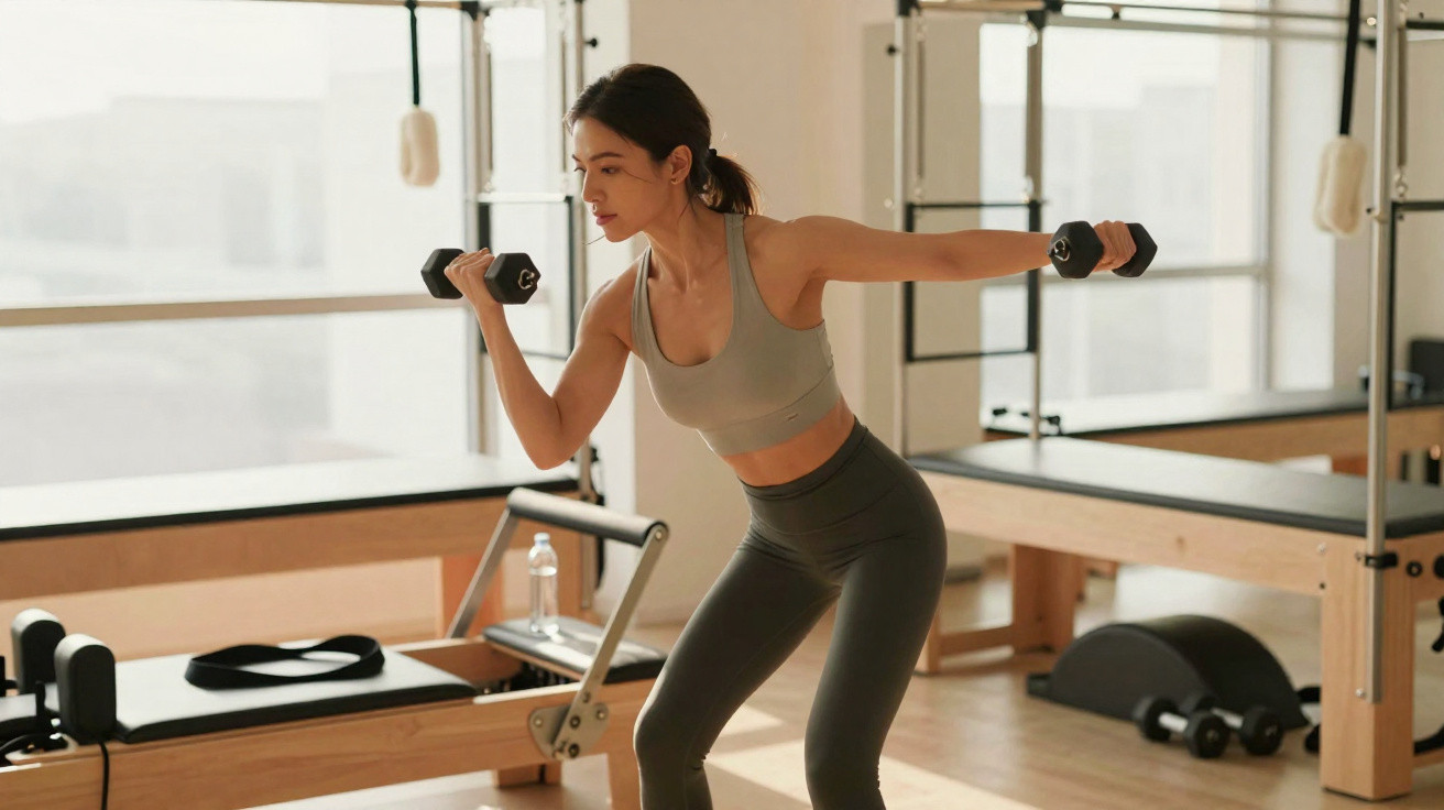 Mulher com roupa esportiva fazendo exercício com halteres em estúdio de pilates iluminado.