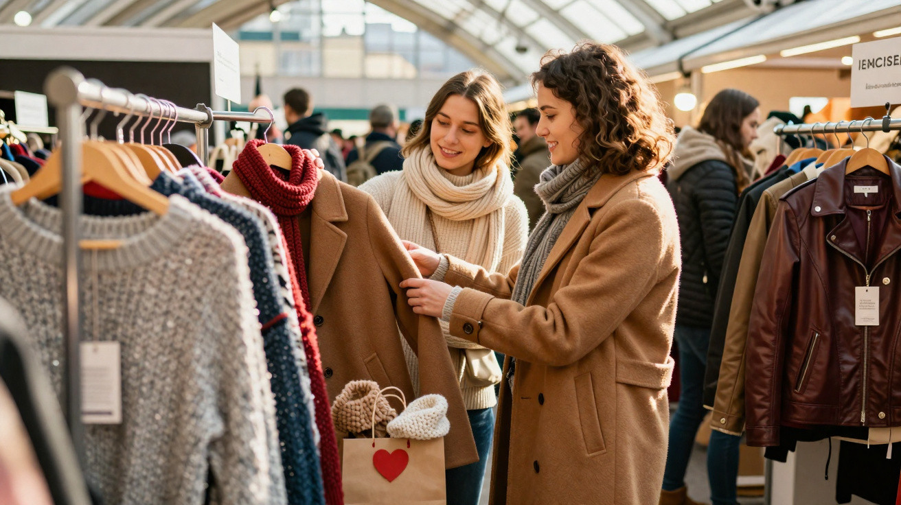 Duas mulheres escolhendo casacos em loja de roupas com várias pessoas e peças disponíveis no ambiente.