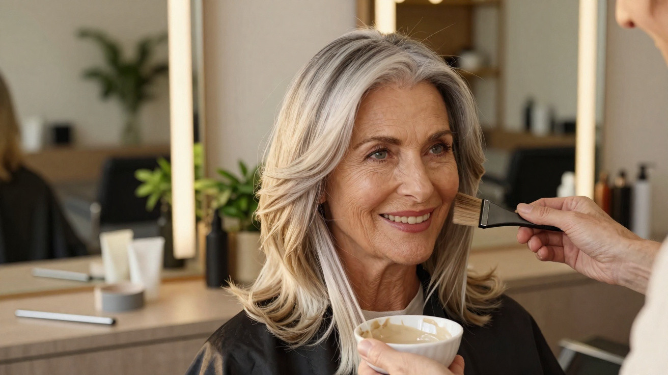 Mulher sorridente com cabelos grisalhos recebe aplicação de maquiagem em salão de beleza.