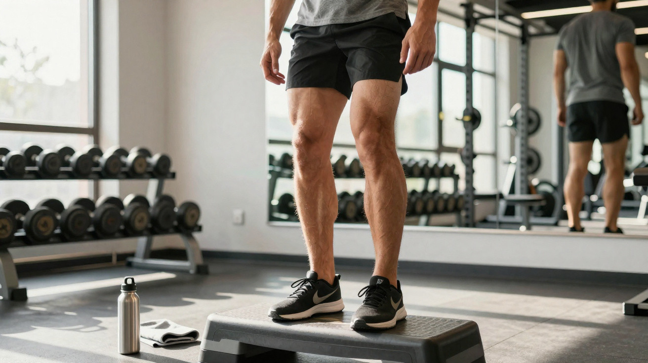 Homem em roupas esportivas fazendo exercício de step em academia, próximo a halteres e garrafa de água.