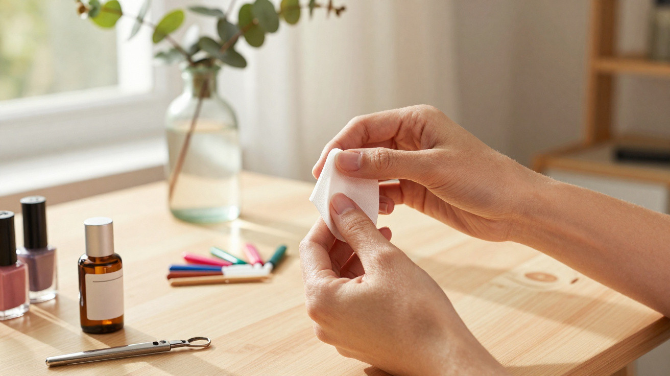 Mãos segurando algodão para remover esmalte, ao lado de esmaltes, palitos de unha e tesoura em mesa de madeira.