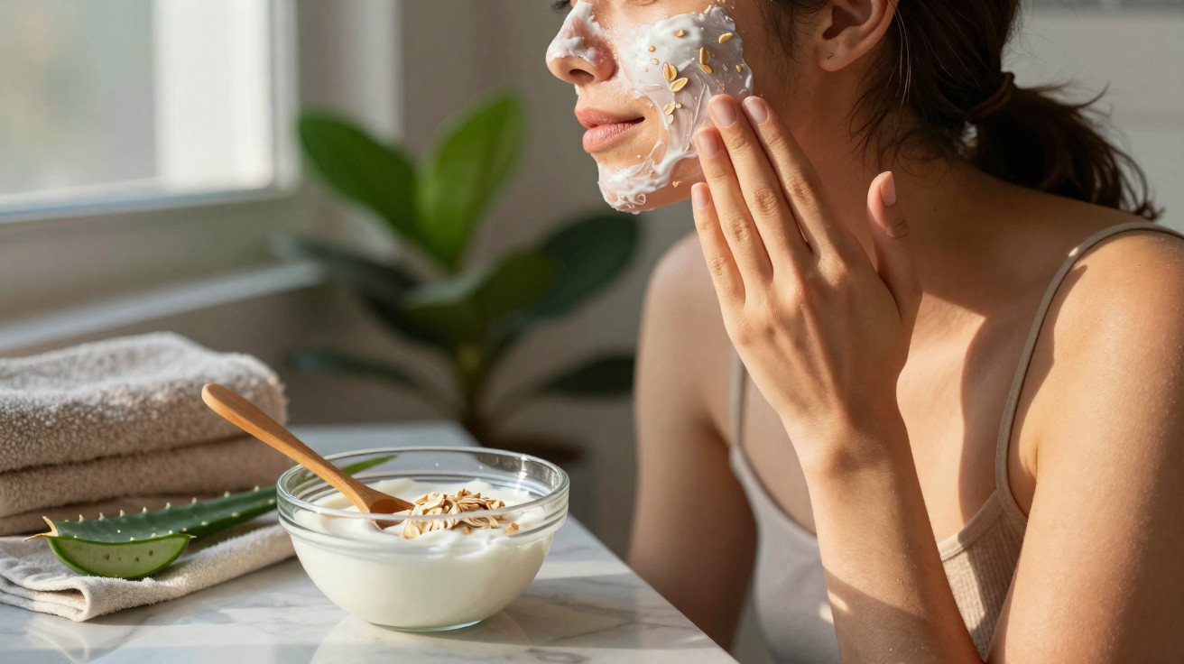 Mulher aplicando máscara facial caseira com iogurte e aveia em ambiente iluminado.