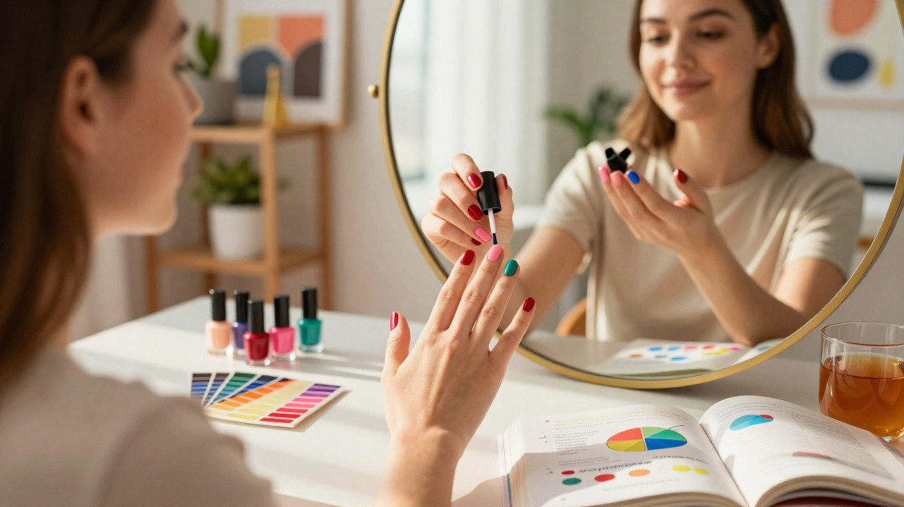 Mulher pintando as unhas com esmalte colorido em frente ao espelho, com livro e amostras de cores na mesa.