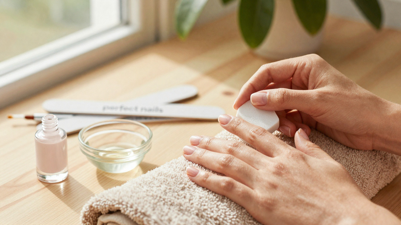 Mãos femininas fazendo manicure com lixa e esmalte rosa sobre toalha em superfície de madeira.