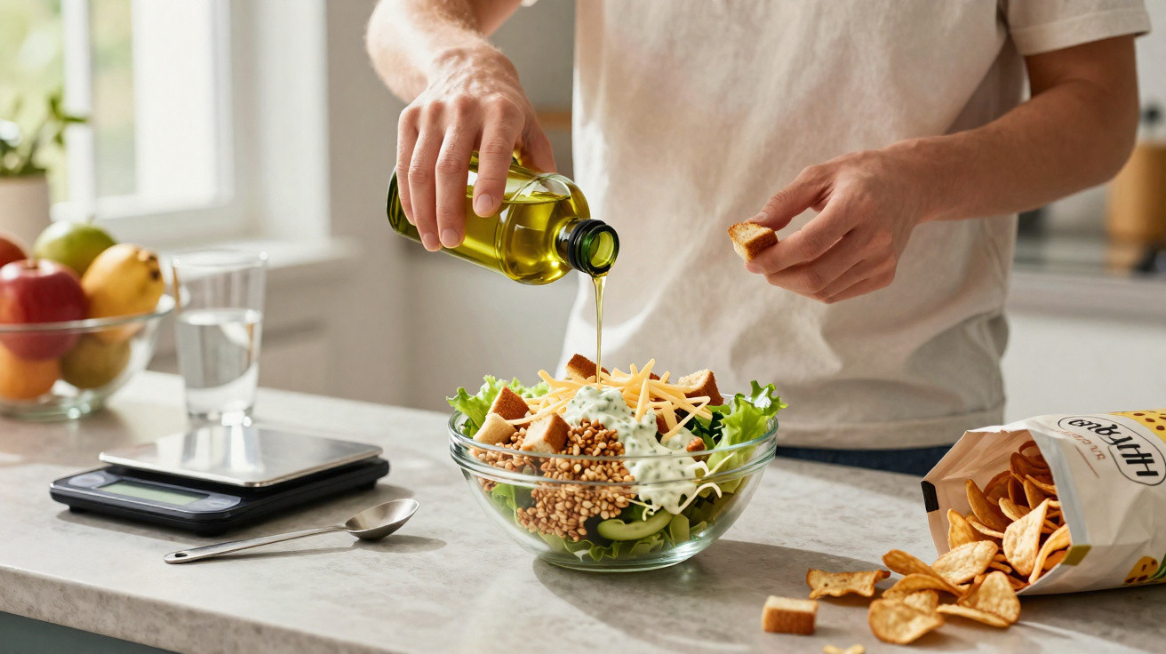 Pessoa regando salada com azeite, segurando pedaço de pão, à frente chip aberto sobre mesa de cozinha.