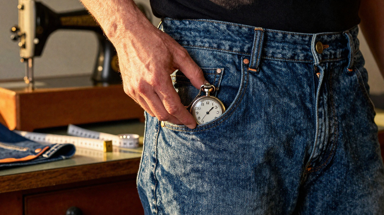 Pessoa guardando relógio de bolso no bolso da calça jeans, com máquina de costura e fita métrica ao fundo.