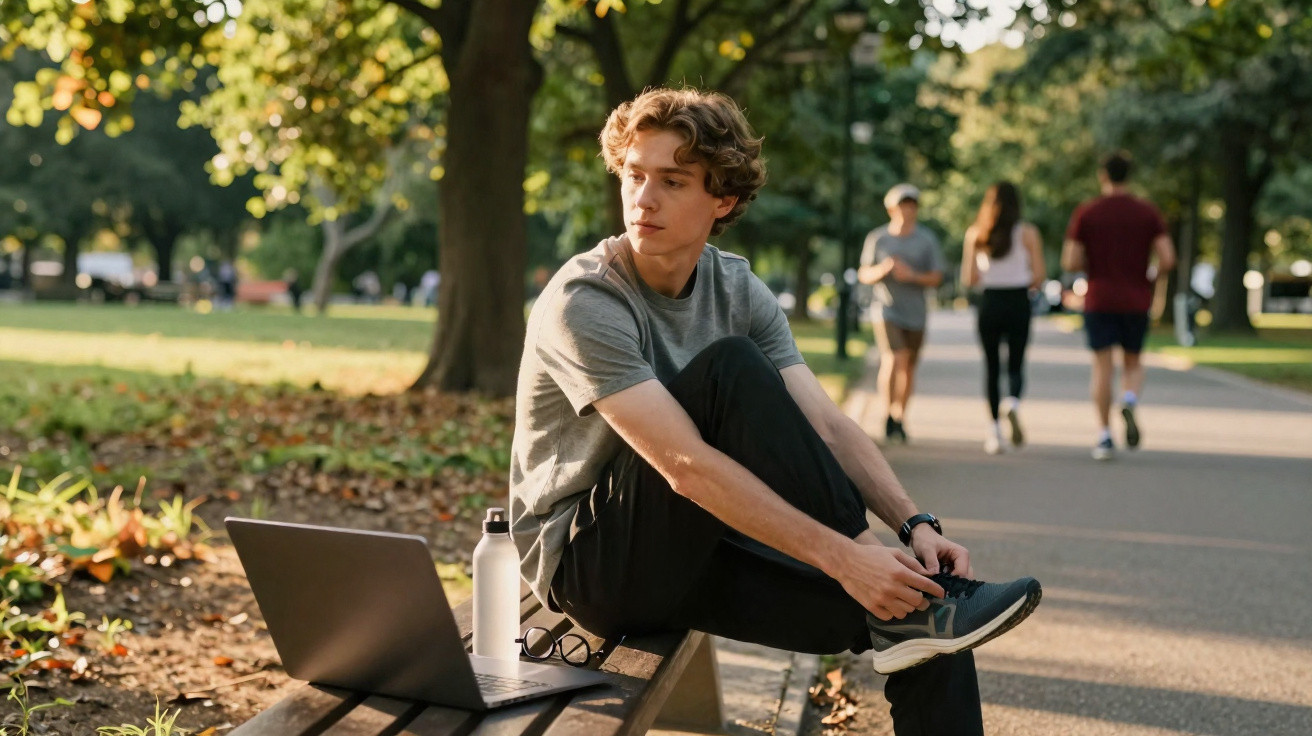 Jovem amarrando tênis sentado em banco de parque com laptop, garrafa de água e pessoas ao fundo.