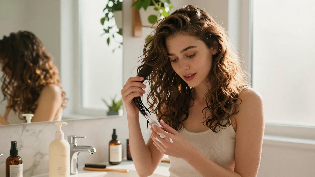 Mulher aplicando produto nos cabelos cacheados em banheiro com espelho e produtos sobre a pia.