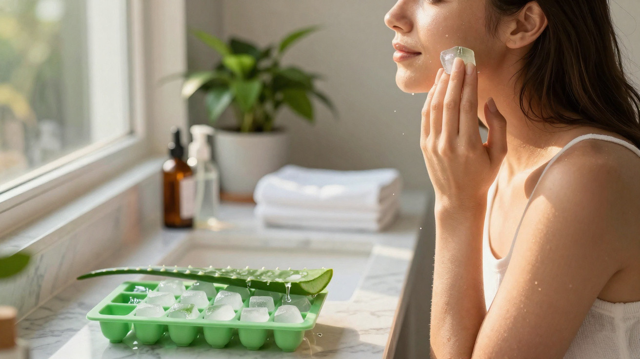 Mulher aplicando cubo de gelo no rosto com bandeja de gelo e folha de aloe vera na bancada.