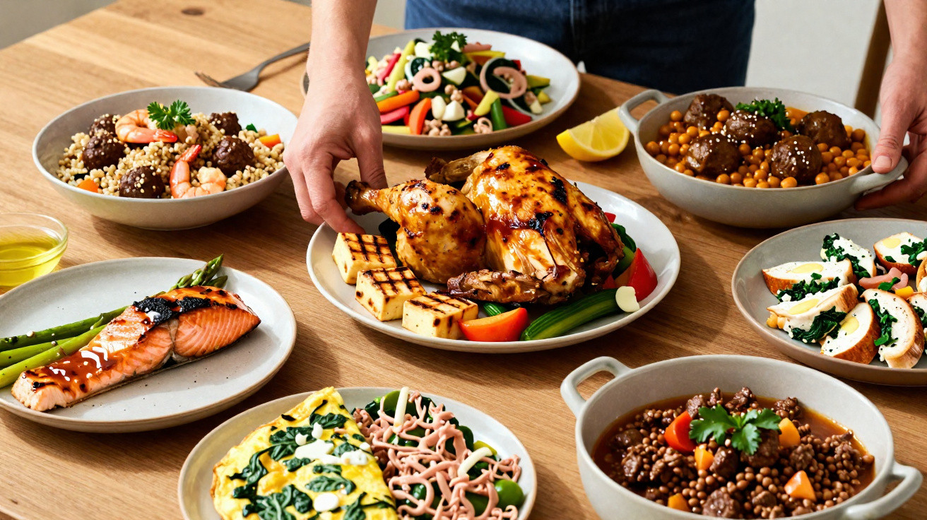 Mãos servindo prato com frango assado e legumes, rodeado de pratos com salmão, mexidos e saladas variadas.