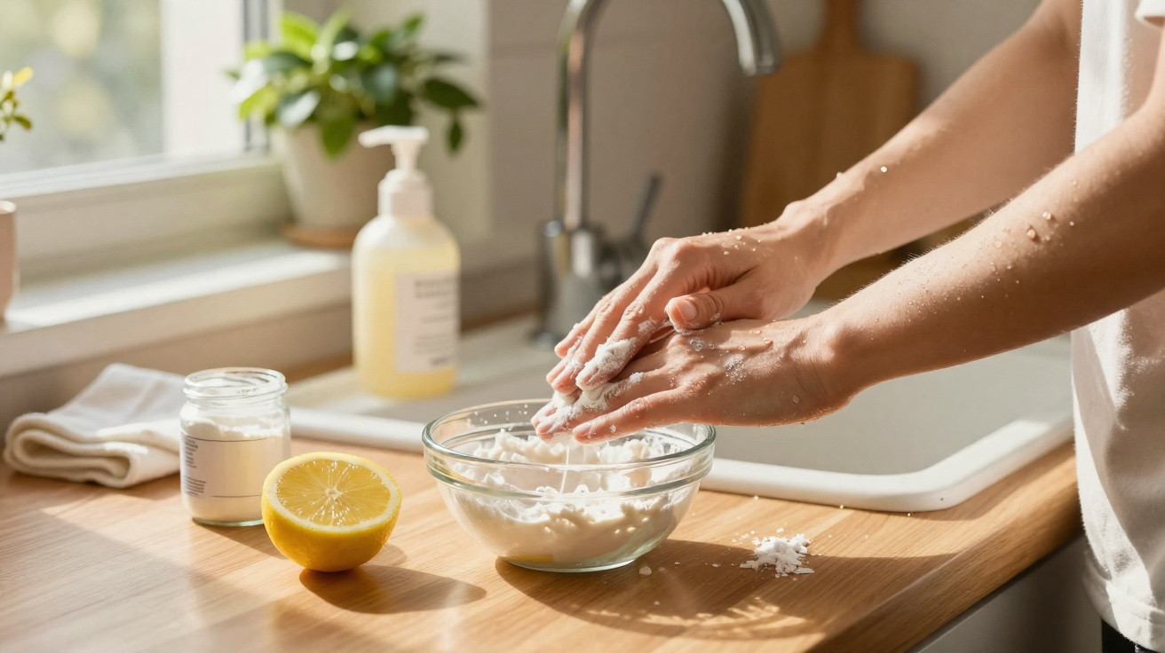 Mãos femininas preparando pasta natural com ingredientes caseiros numa cozinha iluminada ao lado de limão e pote.