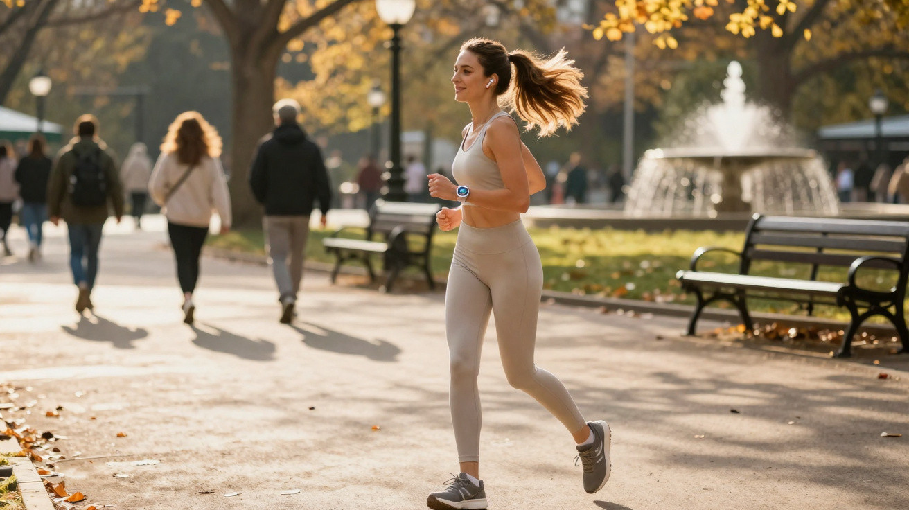 Mulher correndo em roupa esportiva clara em parque com folhas de outono e pessoas ao fundo.