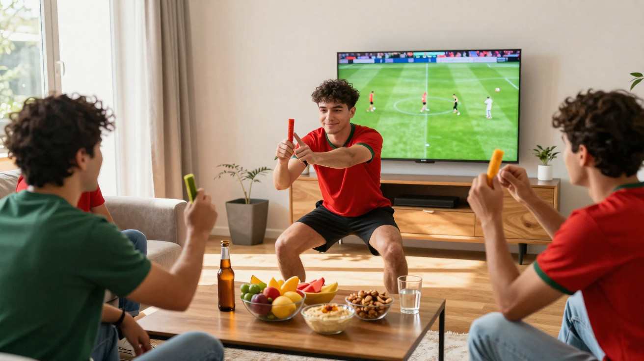 Jovens assistindo futebol na TV e fazendo torcida com petiscos coloridos em sala de estar iluminada.