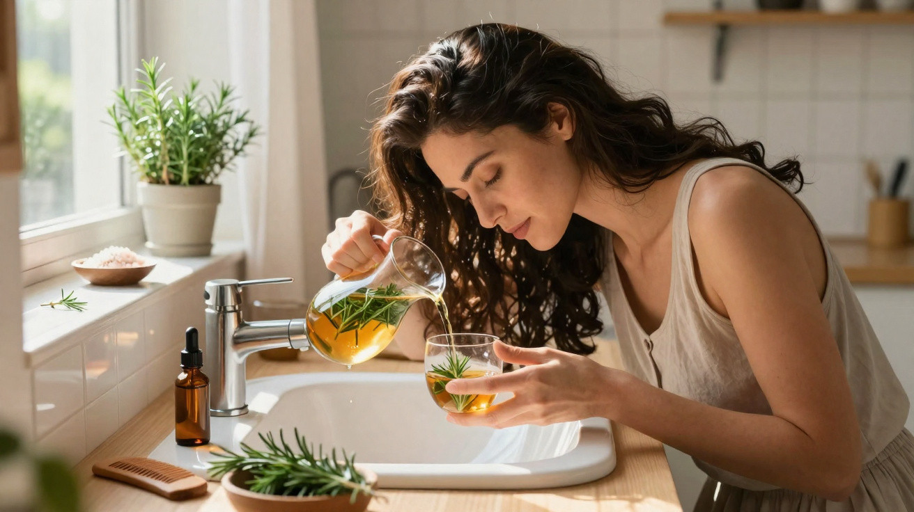 Mulher sorridente derramando chá de ervas em copo em cozinha iluminada com plantas e items naturais.