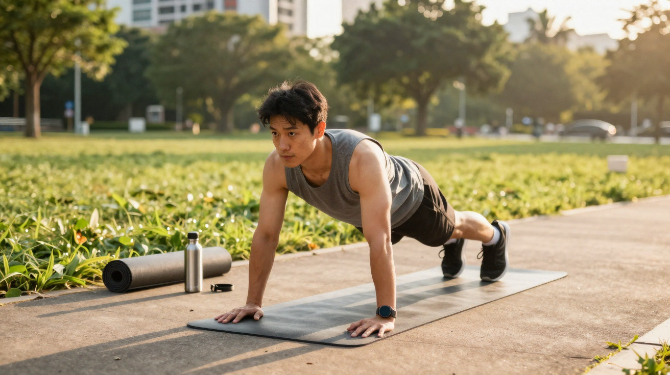 Homem fazendo flexão em tapete de yoga ao ar livre em parque com garrafa e colchonete ao lado.