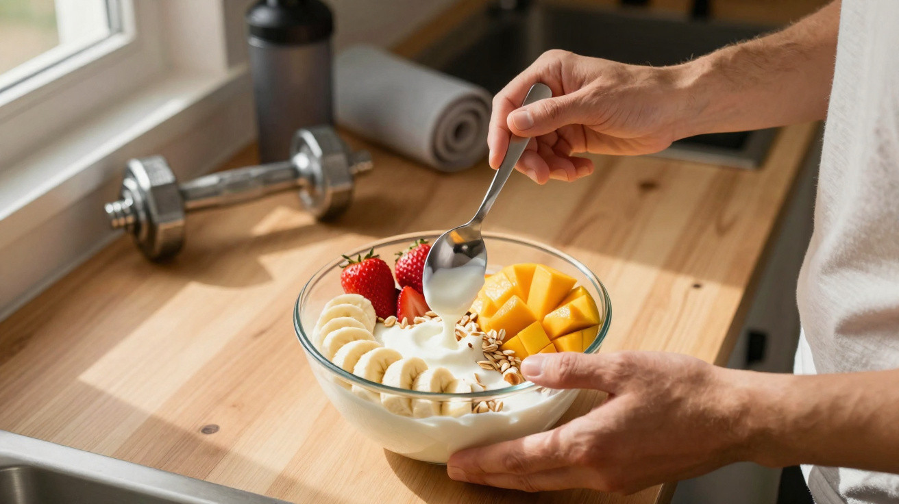 Pessoa segurando tigela com iogurte, banana, morango, manga e sementes sobre bancada de cozinha.