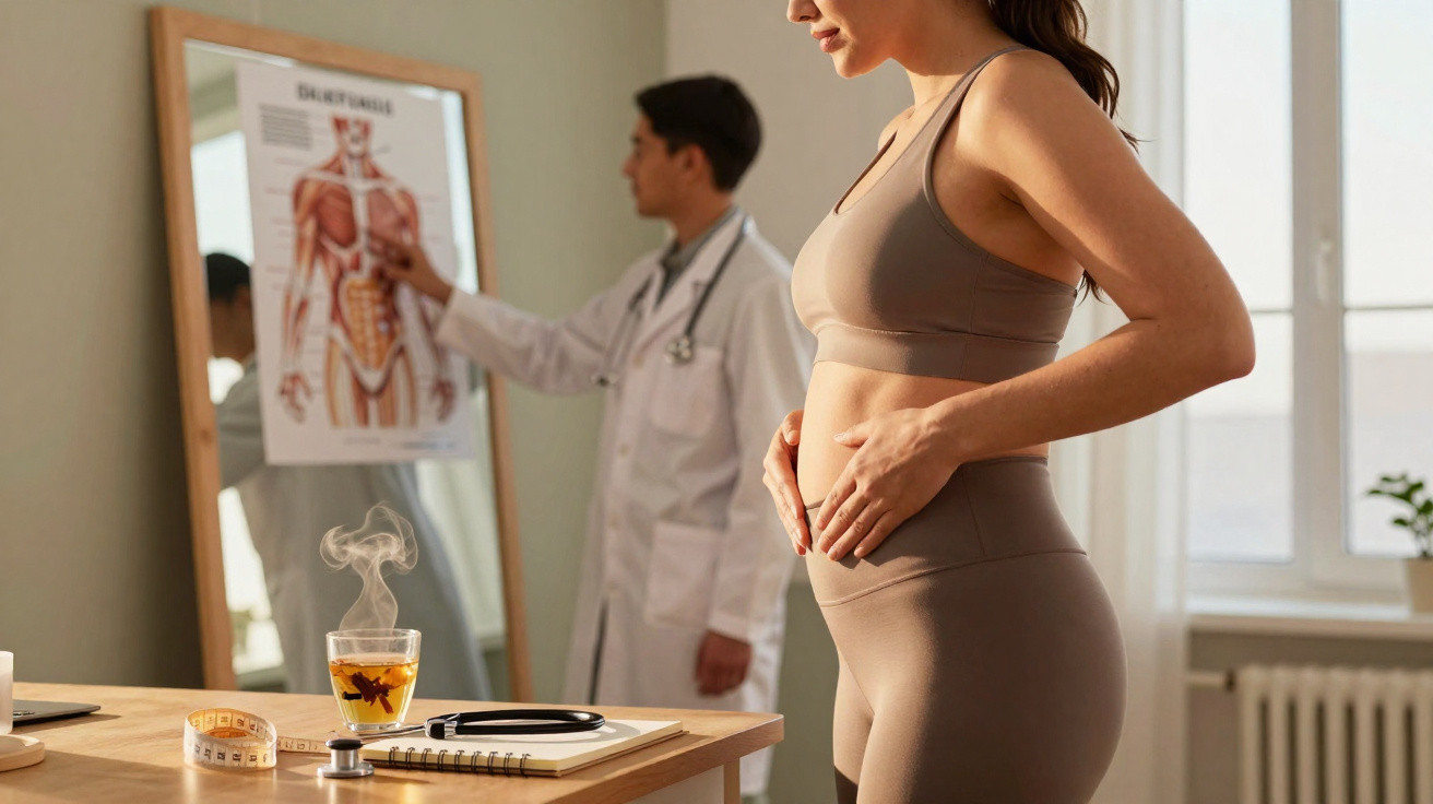 Gestante de perfil segurando a barriga em consultório com médico e quadro anatômico ao fundo.