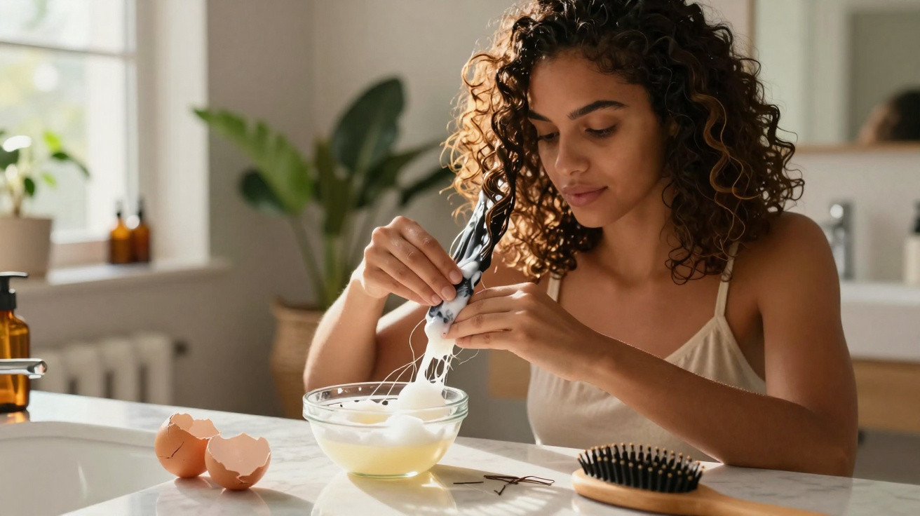 Mulher com cabelo cacheado separando clara do ovo em uma cozinha iluminada e moderna.