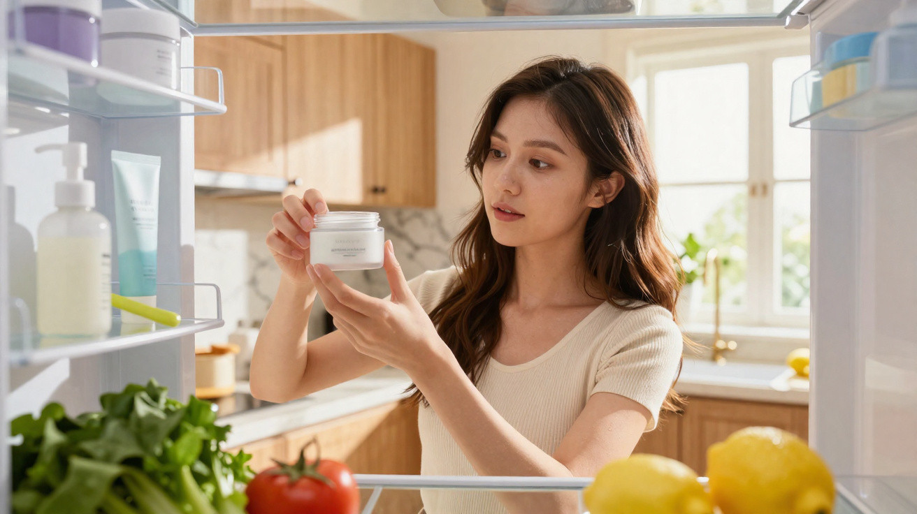 Mulher segurando pote de creme, vista de dentro de uma geladeira com legumes e frutas.
