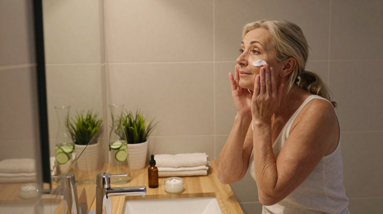 Mulher aplicando creme facial em frente ao espelho em banheiro com planta decorativa.
