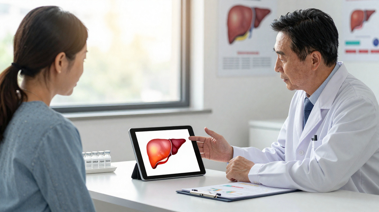 Médico explicando imagem digital do fígado para paciente em consulta no consultório.