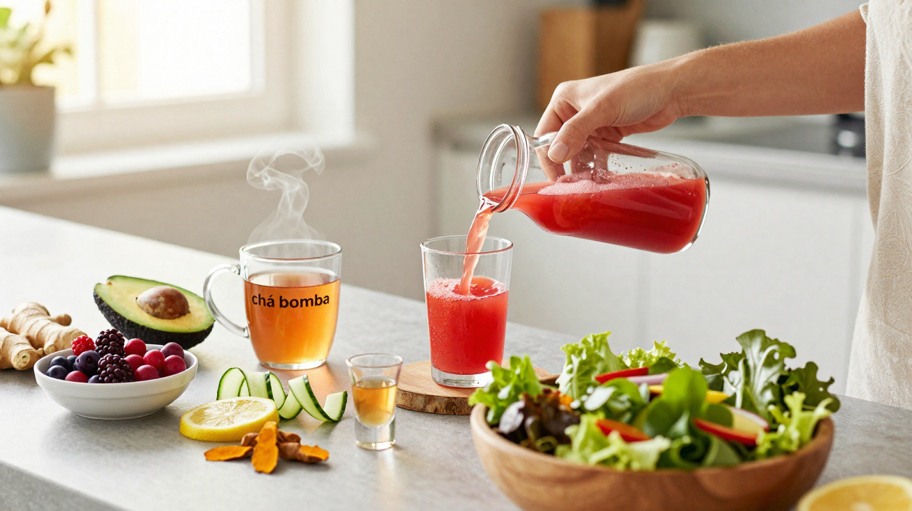 Pessoa despejando suco vermelho em copo, ao lado de salada, chá quente, frutas e legumes sobre balcão de cozinha.