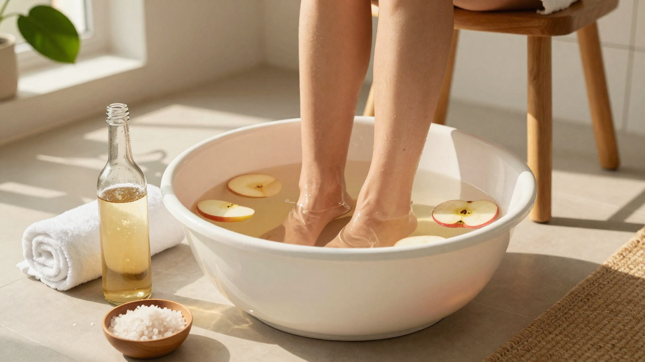 Pés femininos imersos em bacia com água e fatias de maçã, ao lado de toalha, óleo e sal para spa caseiro.