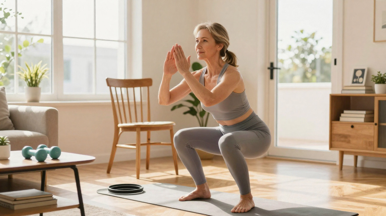 Mulher praticando agachamento em tapete de yoga em sala iluminada e aconchegante.